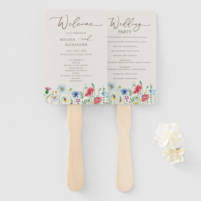 Wildflower garden Beige Wedding Program Hand Fan (Front and Back)