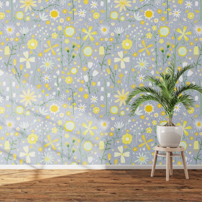 Wildflower Garden Blue Yellow Floral Wallpaper (Wildflower floral white yellow duck egg blue gray  art wallpaper)