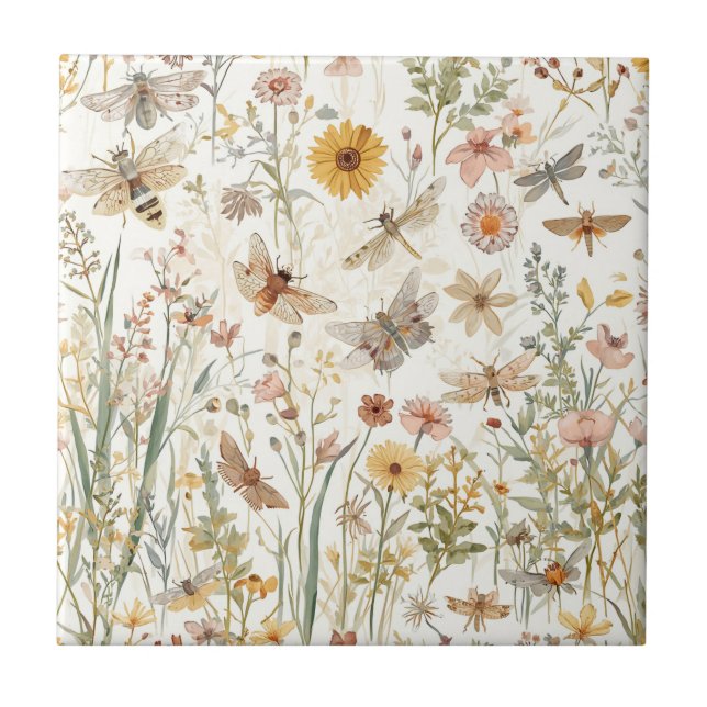 Wildflower Garden Botanical Butterflies Floral Ceramic Tile (Front)