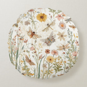 Wildflower Garden Botanical Butterflies Floral Round Cushion