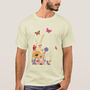 Wildflower Garden & Butterflies Folk Art  T-Shirt