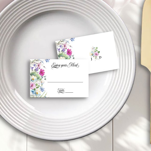 Wildflower Garden Enjoy Your Meal Wedding Place Card (Monogrammed table place cards from the Wildflower Garden Wedding Collection by Darling & May)