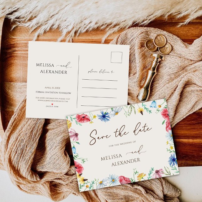 Wildflower Garden Floral Beige Save The Date  Invitation Postcard (Creator Uploaded)