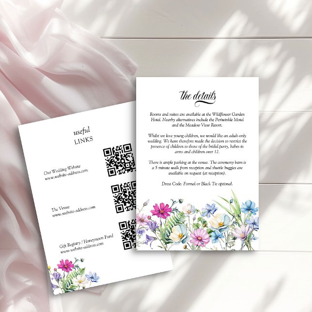 Wildflower Garden Floral Wedding Details QR Code Enclosure Card (Wedding Details card with qr codes from the Wildflower Garden Wedding Collection by Darling & May)
