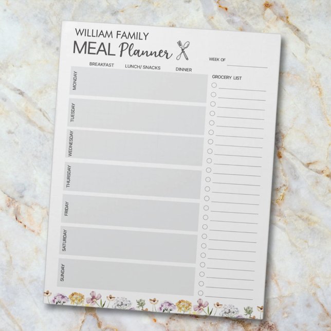Wildflower Garden Meal Planner Grocery List Notepad (Clos eup)