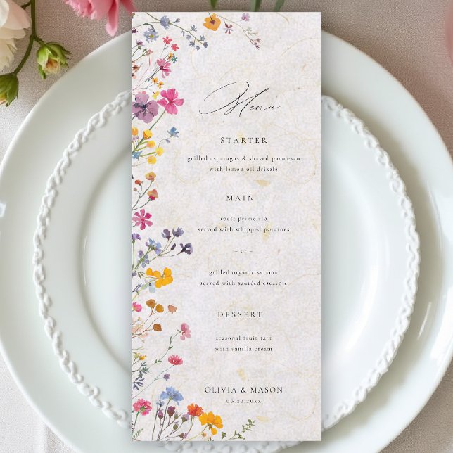 Wildflower Garden Modern Floral Blush Pink Wedding Menu (wildflower wedding menu watercolor garden backyard barn summer spring elegant blush pink)
