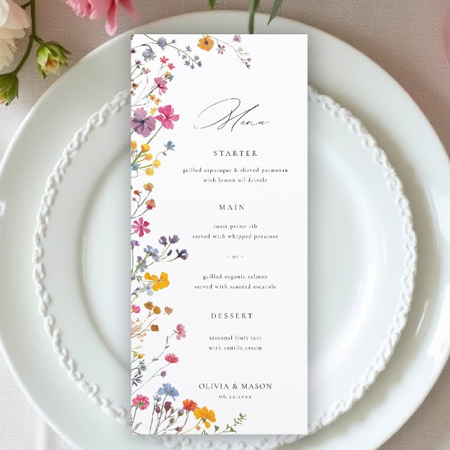 Wildflower Garden Modern Floral Elegant Wedding Menu (wildflower wedding menu watercolor garden backyard barn summer spring elegant trendy stylisyh)