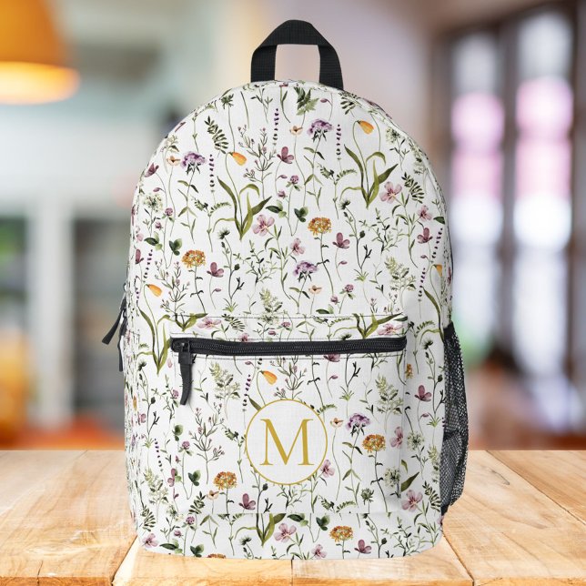 Wildflower Garden Pattern Monogram Printed Backpack (In situ, on table)