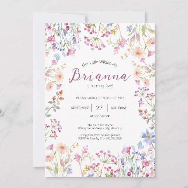 Wildflower Garden Theme Girl watercolor birthday Invitation (Front)