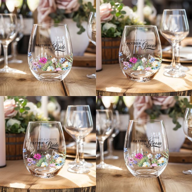 Wildflower Garden Top Table Floral Wedding Stemless Wine Glass (Wedding Parents wine glasses from the Wildflower Garden Wedding Collection)