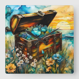 Wildflower Garden Treasure Chest Square Wall Clock