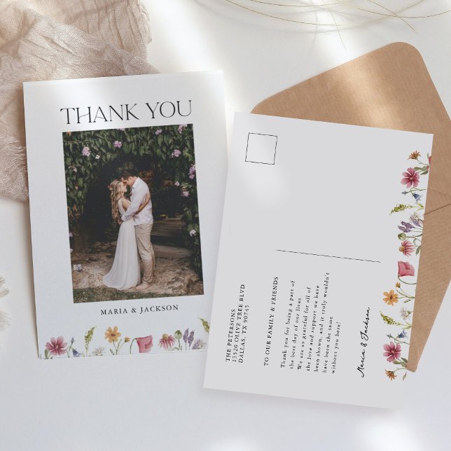 Wildflower Garden Wedding Photo Thank You Postcard (Creator Uploaded)