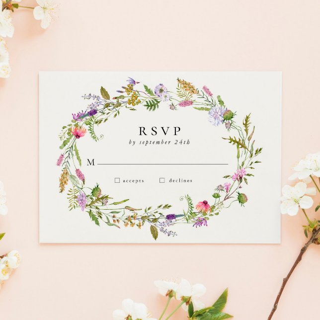 Wildflower Garden Wreath Greenery Wedding RSVP Card (Creator Uploaded)