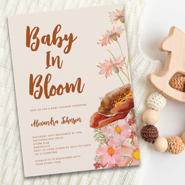 Wildflower Gender Neutral Fall Baby shower Invitation (Wildflower baby in bloom gender neutral fall baby shower with watercolor florals and elegant script)