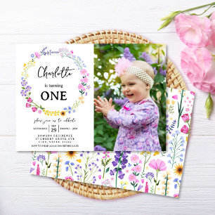 Wildflower Girl 1st Birthday Floral Photo Invitation