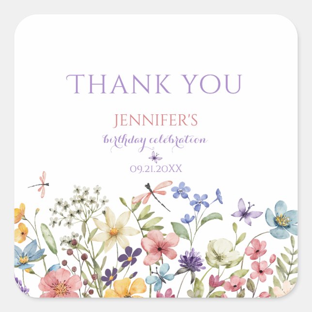 Wildflower Girl 1st Birthday Thank You Sticker (Front)