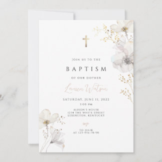 Wildflower gold cross Baptism  Invitation