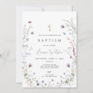 Wildflower gold cross Baptism  Invitation