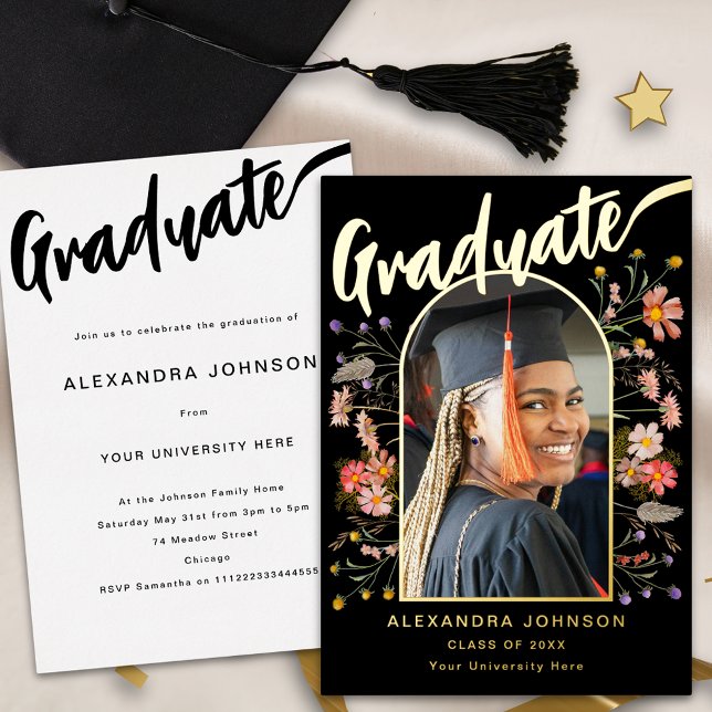 Wildflower Grad Photo Graduation Party Script Gold (Boho floral graduate photo arch stylish gold foil calligraphy black graduation party invitation )