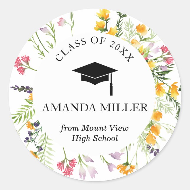 Wildflower graduate personalised graduation classic round sticker (Front)