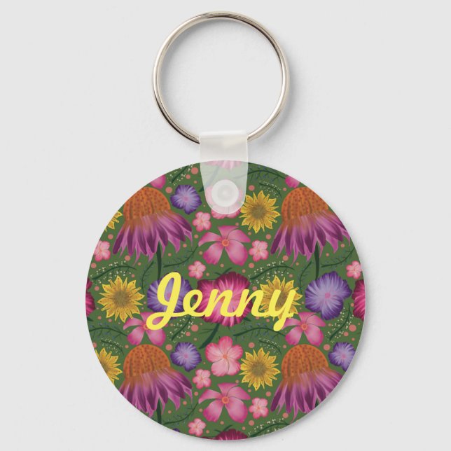 Wildflower Green Floral Personalised Key Ring (Front)