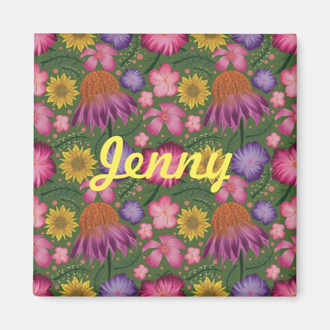 Wildflower Green Floral Personalised Magnet (Front)