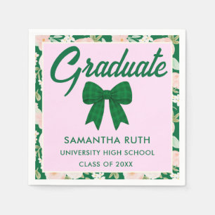 Wildflower Green Gingham Bow Graduation Party Napkin