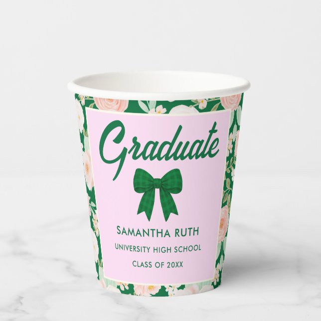 Wildflower Green Gingham Bow Graduation Party Paper Cups (Front)