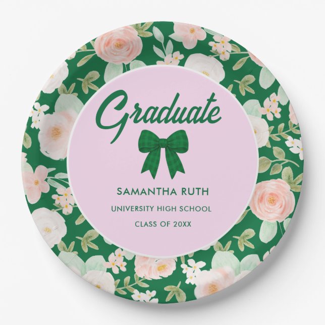 Wildflower Green Gingham Bow Graduation Party Paper Plate (Front)