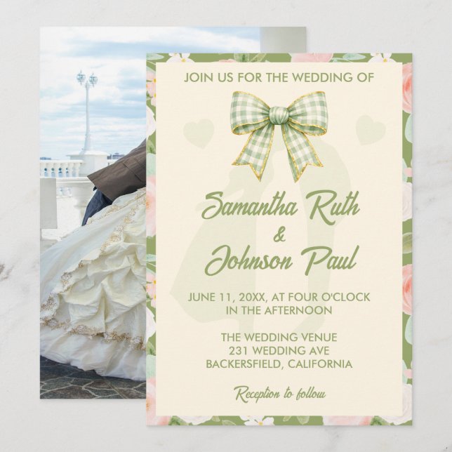Wildflower Green Gingham Bow Photo Wedding Invitation (Front/Back)