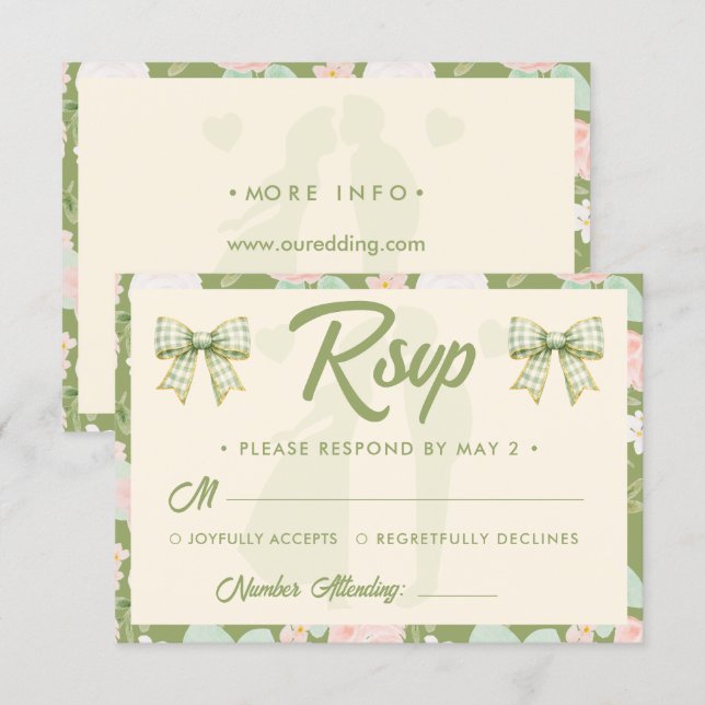 Wildflower Green Gingham Bow QR Code Wedding RSVP Card (Front/Back)