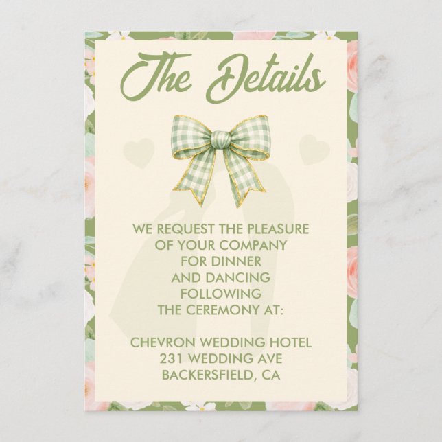 Wildflower Green Gingham Bow Wedding Details Enclosure Card (Front)