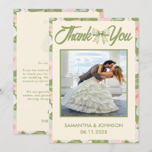 Wildflower Green Gingham Bow Wedding Photo Thank You Card