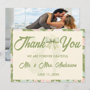 Wildflower Green Gingham Bow Wedding Photo  Thank You Card