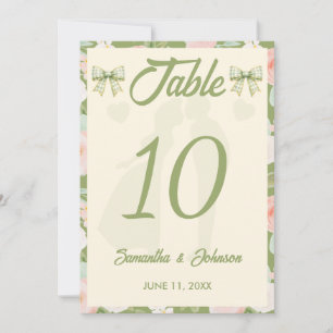Wildflower Green Gingham Bow Wedding Table Number