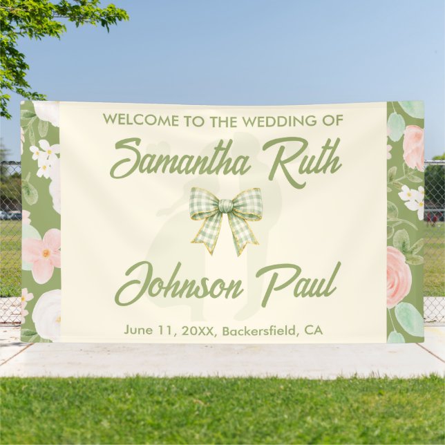 Wildflower Green Gingham Bow Wedding Welcome Banner (Outside)