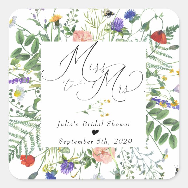 Wildflower Greenery | Bees Floral | Bridal Favour Square Sticker (Front)