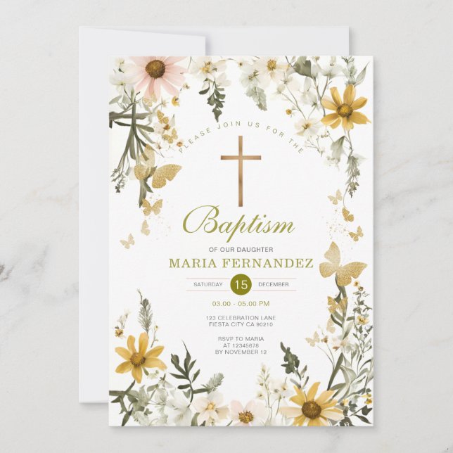 Wildflower Greenery Floral Baptism Invitation  (Front)