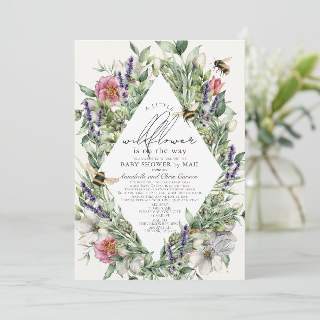 Wildflower Greenery Rhombus Baby Shower by Mail Invitation (Standing Front)