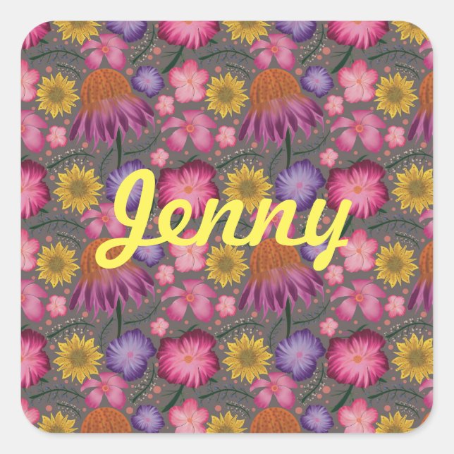 Wildflower Grey Floral Personalised Square Sticker (Front)