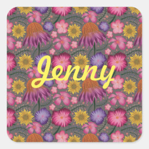 Wildflower Grey Floral Personalised Square Sticker
