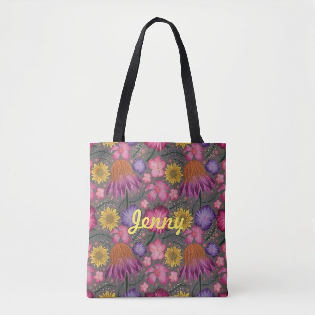 Wildflower Grey Floral Personalised Tote Bag (Front)