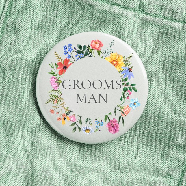 Wildflower Groomsman Wedding  3 Cm Round Badge (Groomsman Wildflower Watercolor Floral Wreath Wedding Button
)