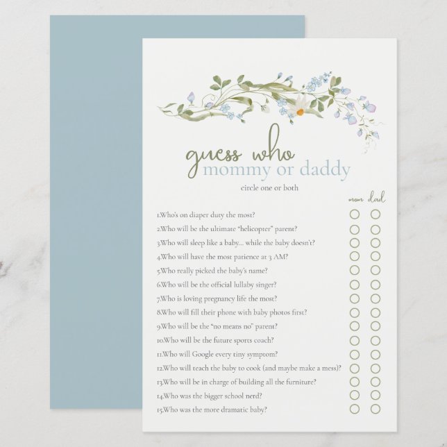 Wildflower Guess Who Mommy or Daddy Baby Shower  (Front/Back)