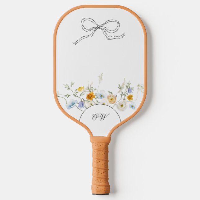 Wildflower Hand Drawn Bow Floral Initials Monogram Pickleball Paddle (Front)