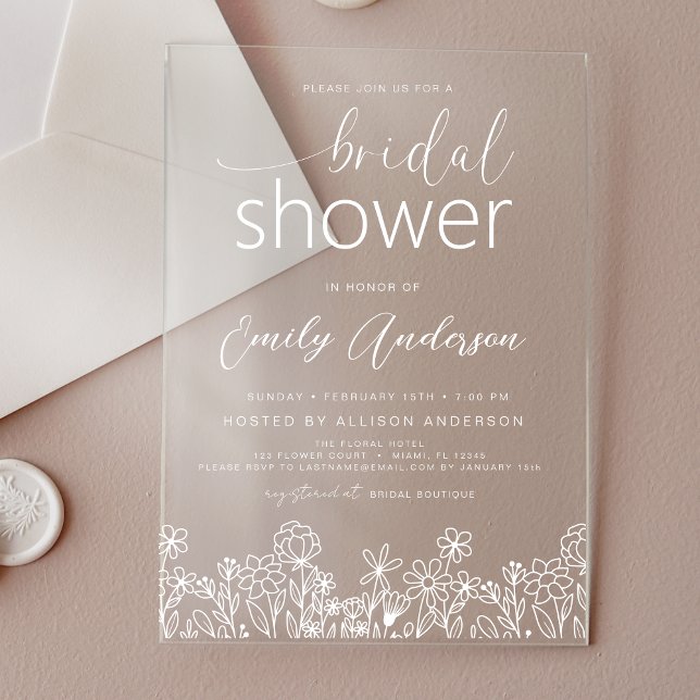 Wildflower Hand Drawn Bridal Shower Elegant  Acrylic Invitations (Creator Uploaded)