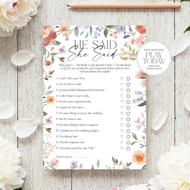 Wildflower He Said, She Said Bridal Shower Game Invitation (Creator Uploaded)