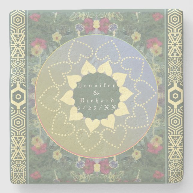 Wildflower Heart Mandala Couple&Wedding Date Stone Coaster (Front)