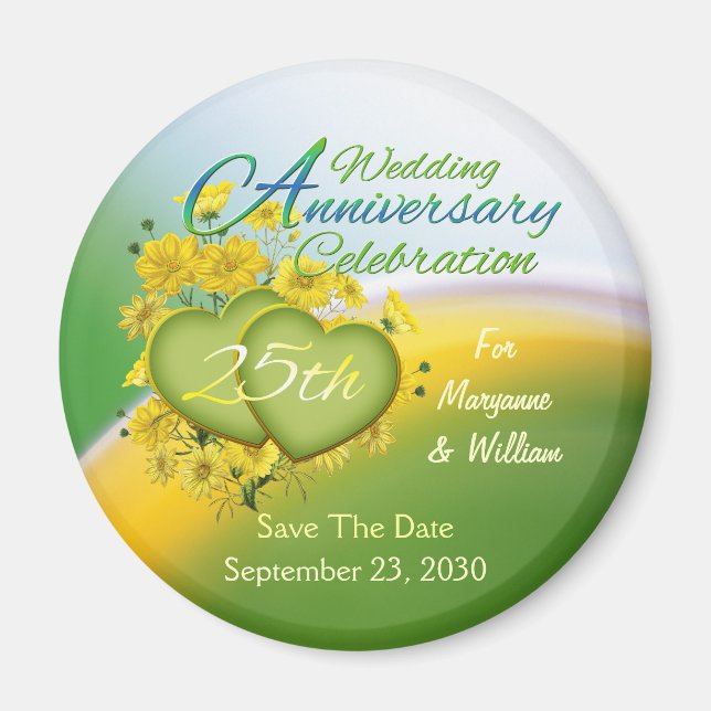 Wildflower Hearts 25th Wedding Anniversary Party Magnet (Front)