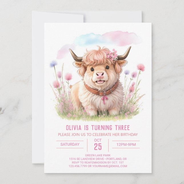 Wildflower Highland Cow Bliss Girl Birthday Invitation (Front)